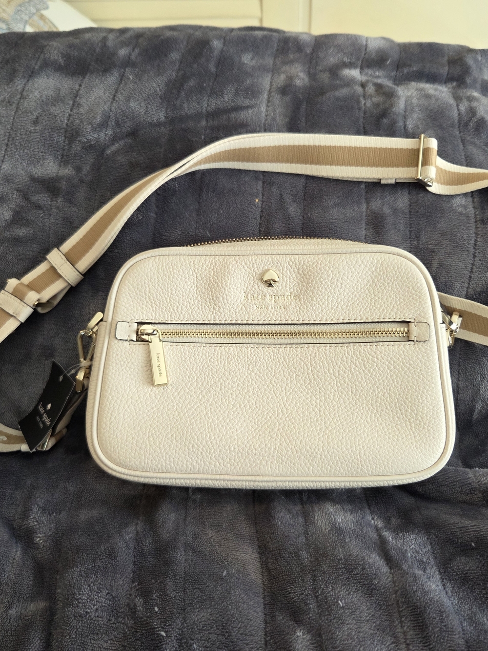 kate spade Cream Pebbled Leather Crossbody with Striped Adjustable Strap